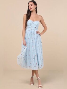 NWT Lulus Strapless Light Blue Floral Lace-up Back Midi Dress Small